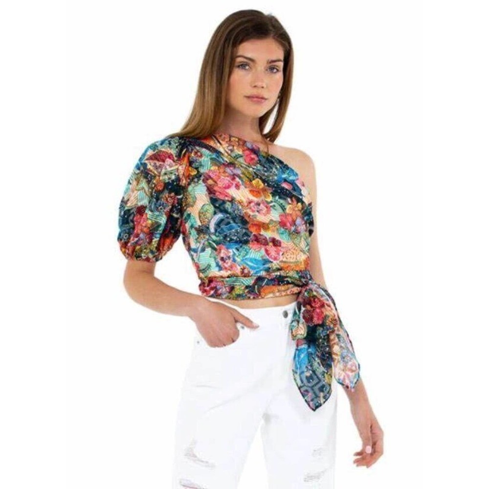 AMANDA UPRICHARD Sz M Medium Bexley Top Blouse Seville Print One Shoulder Tie